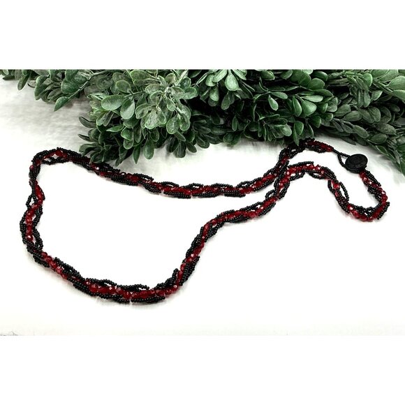 Handmade Beaded Red and Black Twisted Necklace With Button Clasp - Picture 2 of 6